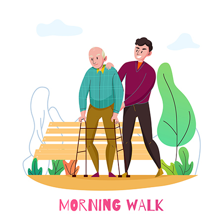 Cartoonish illustration of young male carer helping older man with walker on morning walk.