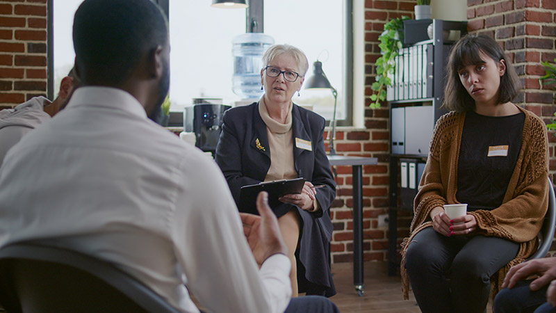 Man talking to a counsellor about addiction at a group therapy meeting.