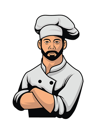 Cartoonish illustration of a chef in an apron and hat.