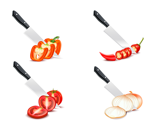 Knifes cutting different vegitables 
