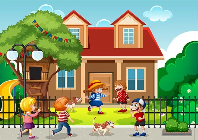 Illustration of an outdoor scene with many children playing in front of the house