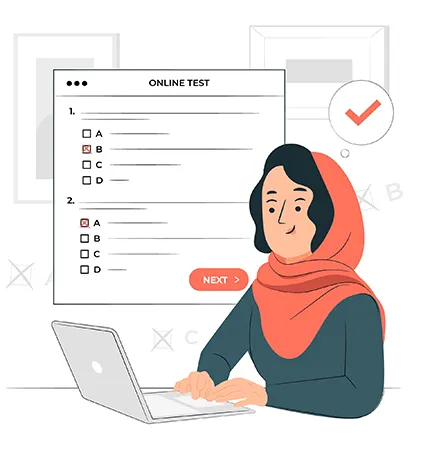 Concept illustration of a lady sitting an online test