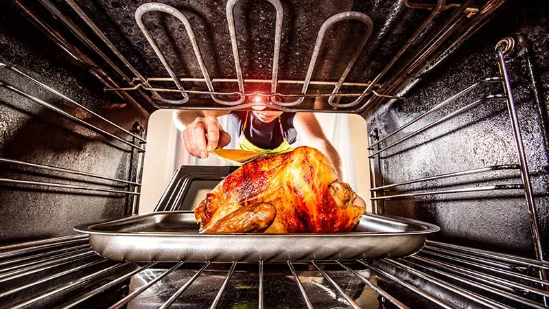 Close-up of housewife checking roast chicken in the oven.