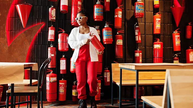 A lady firefighter stands with old fire extinguishers