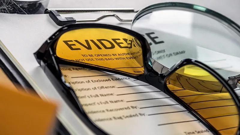 Close-up of glasses UV for criminology on police records.