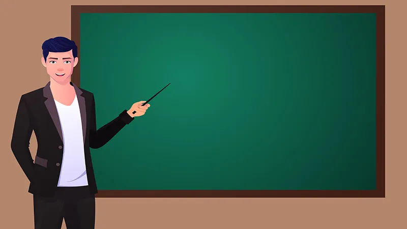 A techer pointing at black board
