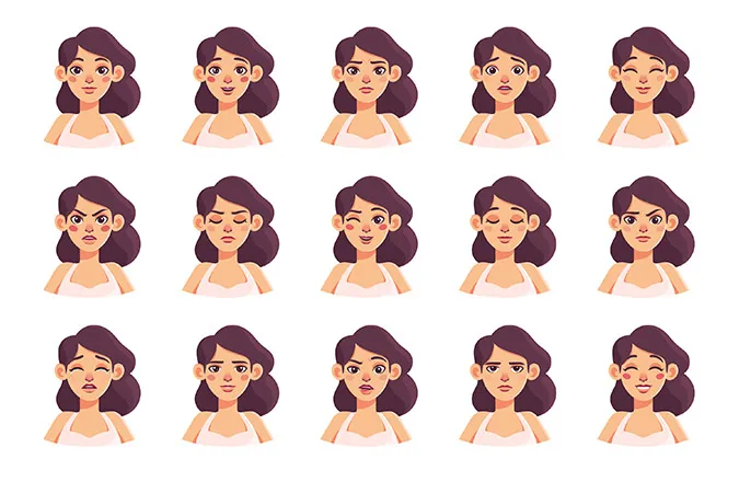 A female shows different facial expressions