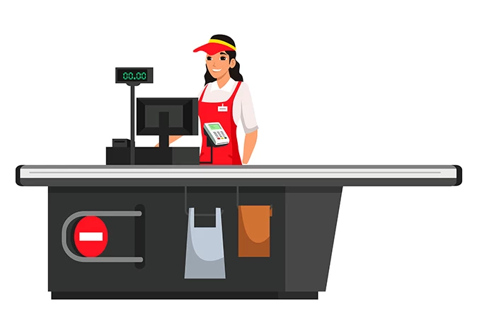 Concept of happy and smiling cashier shows the information on the screen