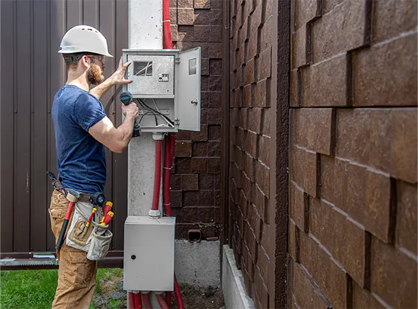 An electrician works on an industrial switchboard