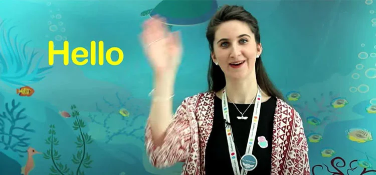 A woman shows how to say “Hello” in British sign laguage