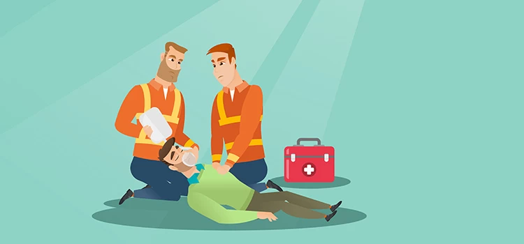 Illustration of two paramedics trying to rescue a man by performing CPR