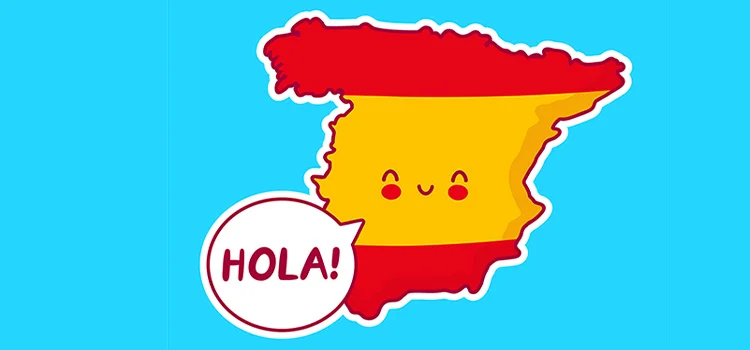 Happy flag map of Spain with word Hola written on it