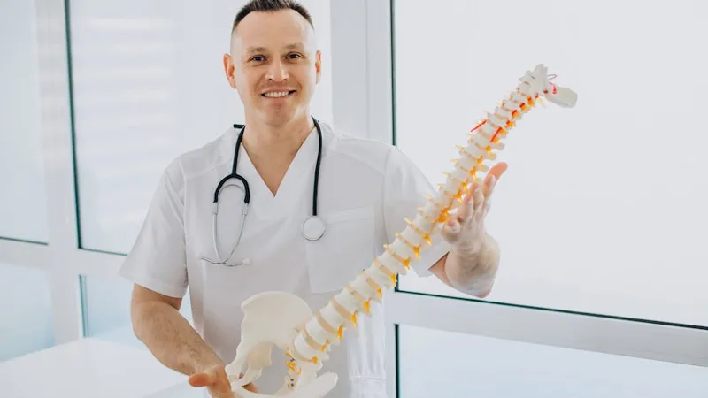 A chiropractor holding an artificial spine