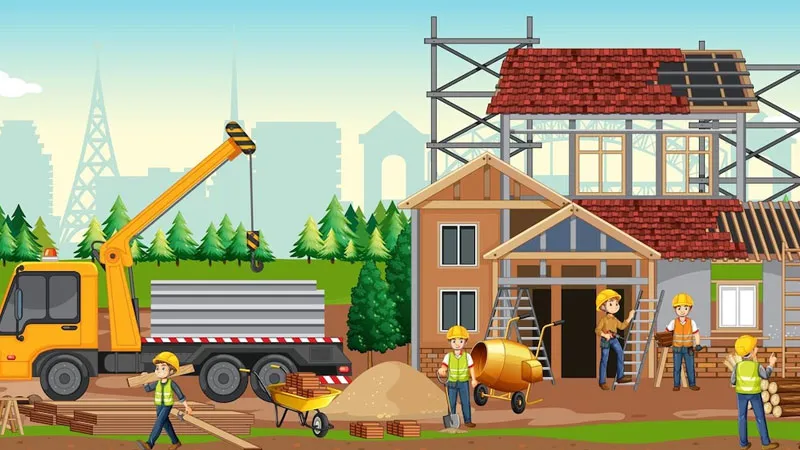 An illustration of a construction site with many workers doing their work