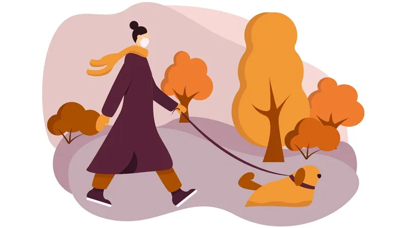 A dog walker woman taking dog on a walk