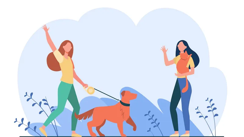 A woman with dog and another woman with cat waving hands to each other