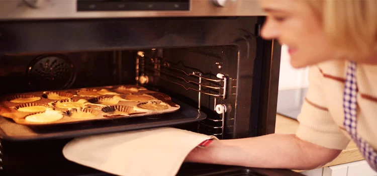 A lady is baking muffins in a microwave oven