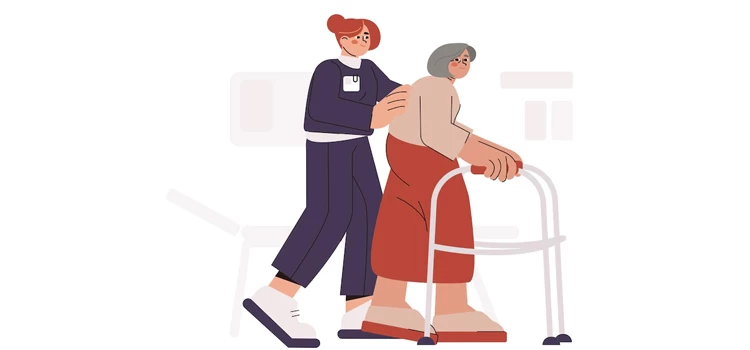 Cartoonish illustration of a female nurse helping an elderly woman walk with a walker.