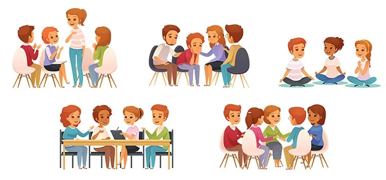 A group therapy illustrative icon set depicting three or four youngsters sharing joyful or sorrowful moments with one another.