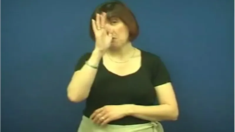 British Sign Language interpreter touching her face with right hand