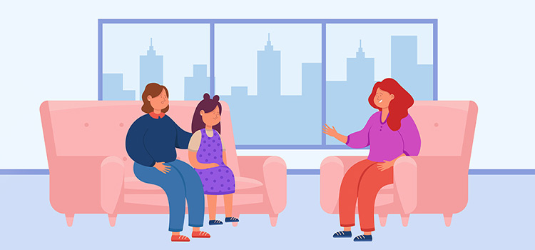 Cartoon picture showing a mother and her daughter pleasantly conversing with a female child psychologist.