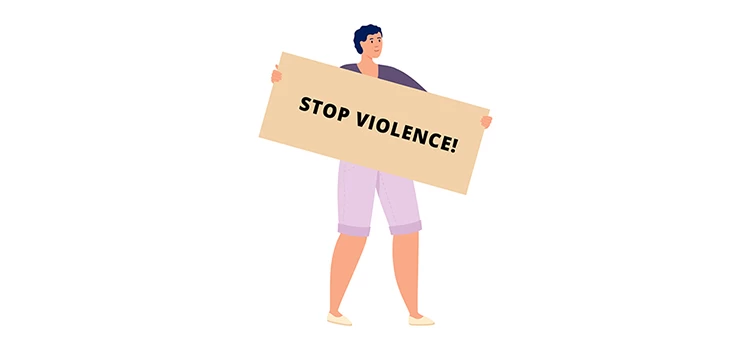 Cartoon of a man with stop violence banner