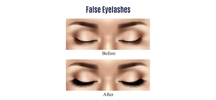 Before and after applying false eyelashes