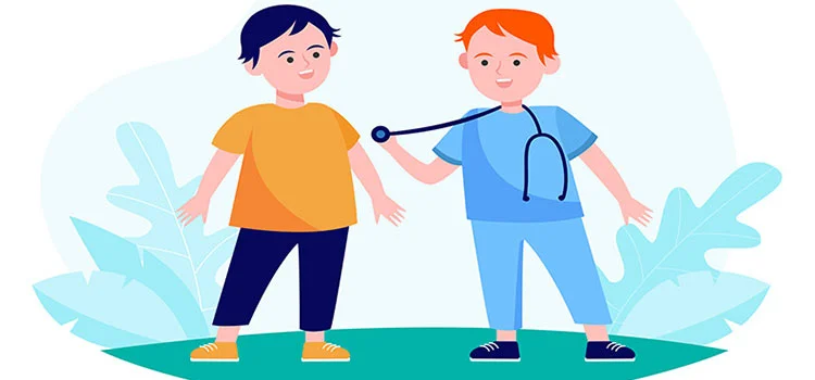 Cartoonish representation of two boys acting doctor and patient.