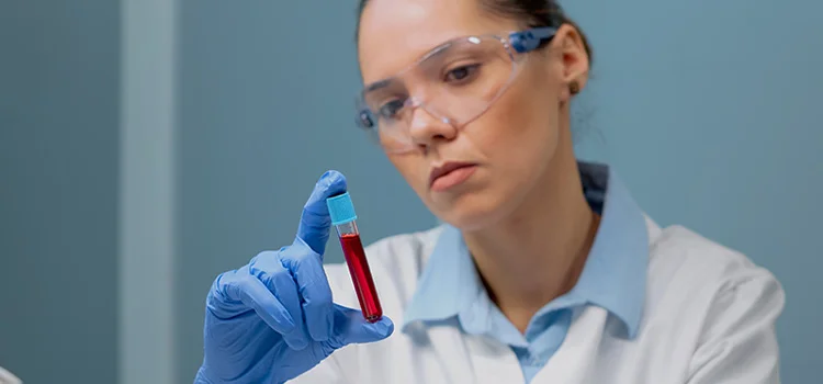 A phlebotomist examines a blood sample after drawing it
