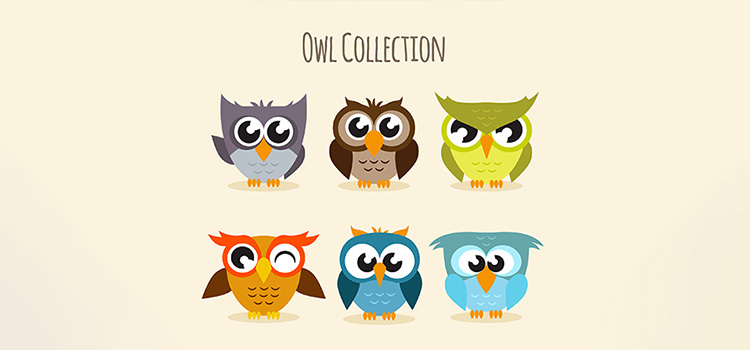 Cartoonish illustration of six funny baby owls.