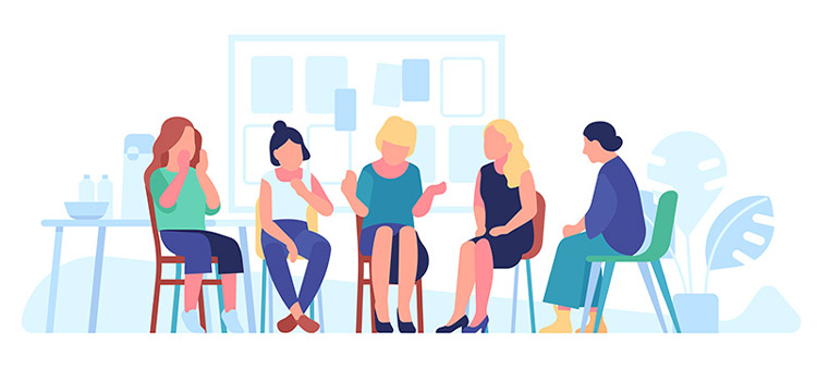 A cartoonish illustration of a group therapy session among some women suffering from psychological issues.