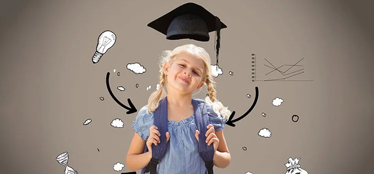 Bright, colourful picture of a little girl with a schoolbag dreaming of graduating.