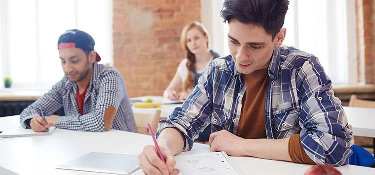 Students taking notes on their copies in a class