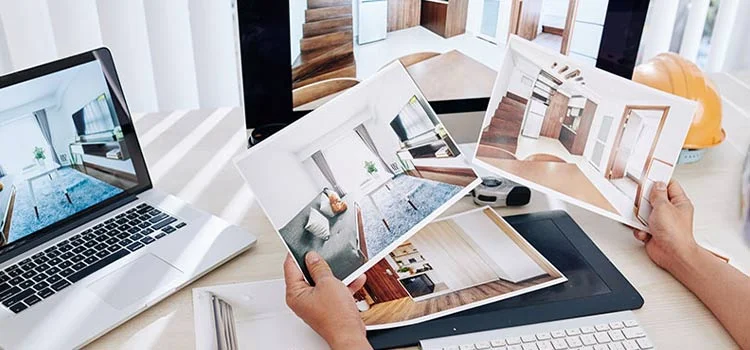 Interior designer examining various pictures of rooms