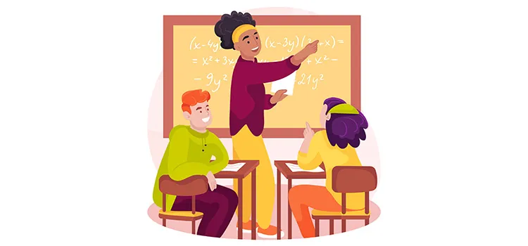 Female teacher writes math solution on the blackboard in classroom