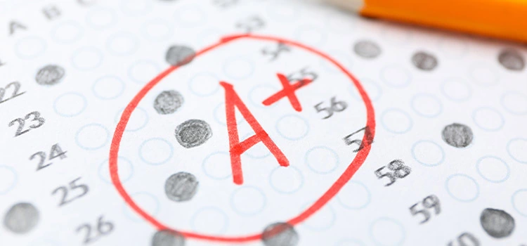 Test score sheet with answers with grade A+ and pencil
