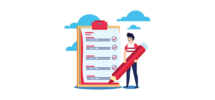 Vector illustration of man checking giant QTLS checklist 