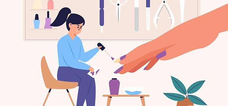 Graphical presentation of manicurist applying nail polish to client in a nail salon.