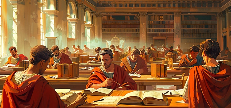 Ancient students taking higher education in a library.