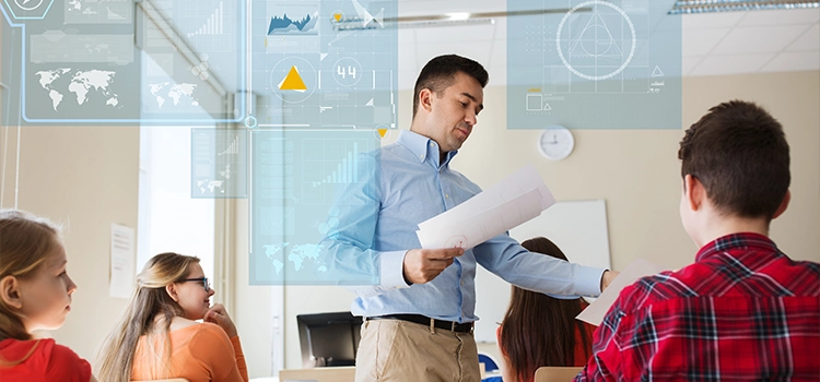 A professor teaching and helping students understand with modern tools. 