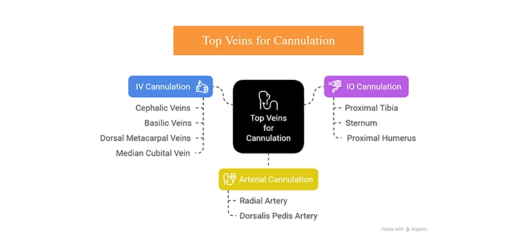 An illustration showing the top veins for cannulation with a flowchart. 